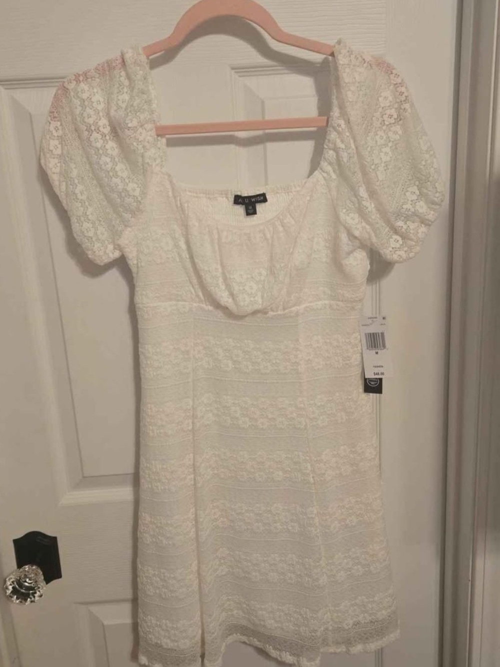 Cream Lace Puff-Sleeve Mini Dress